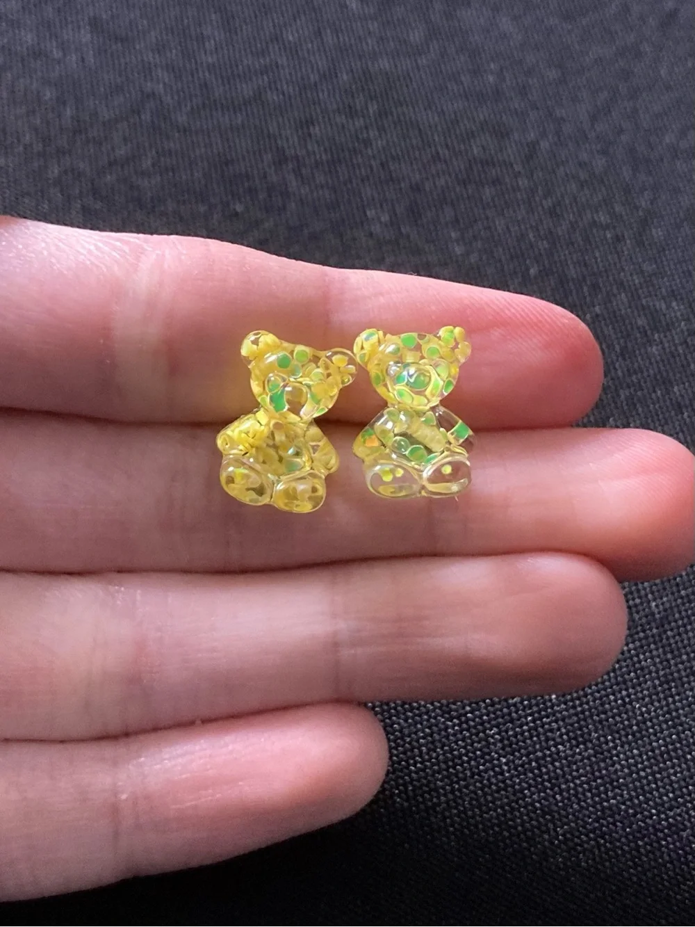 Handmade Resin Yellow And Green Glittery Mini Teddy Bear Stud Earrings